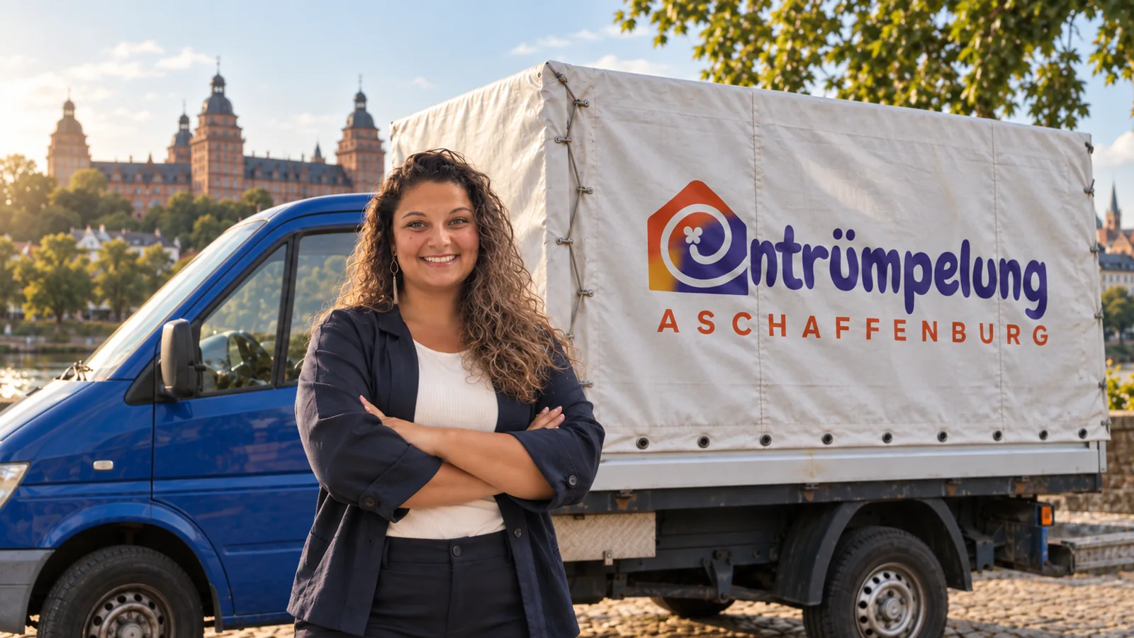 Elena Faust vor ihrem Transporter am Mainufer in Aschaffenburg, im Hintergrund Schloss Johannisburg